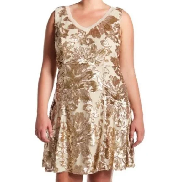 marina gold dress Marina Plus Size Gold One Shoulder Long Sleeve Formal Dress– Hello Curve main image 1